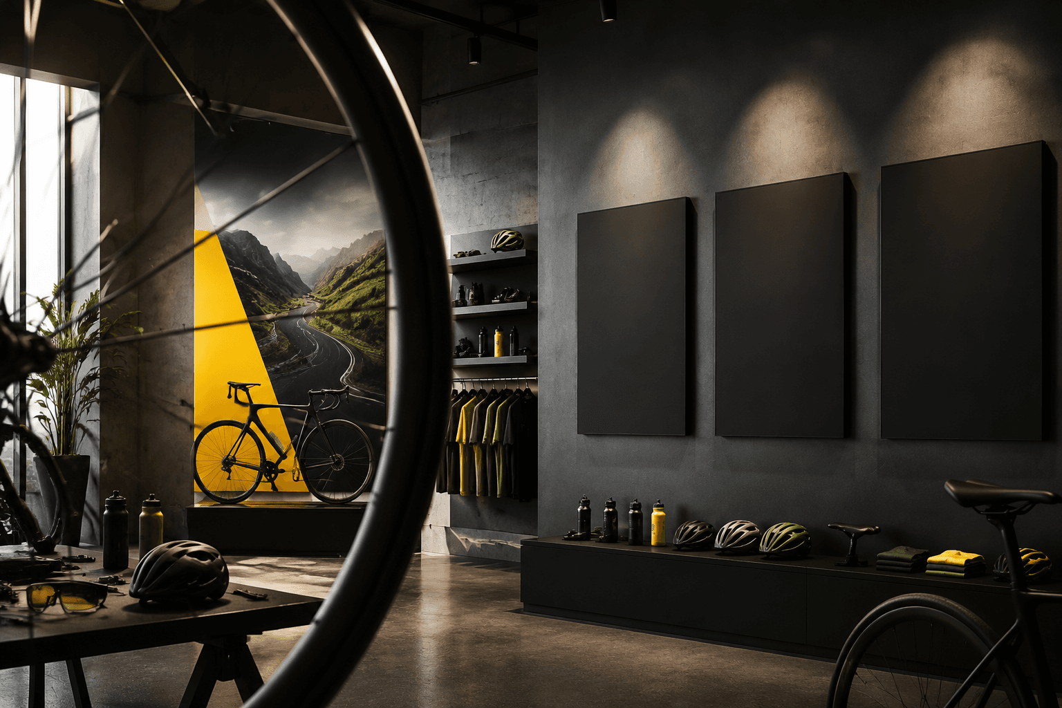 Cycling retail marketing studio with a curved wheel arc and a wall of blank poster boards